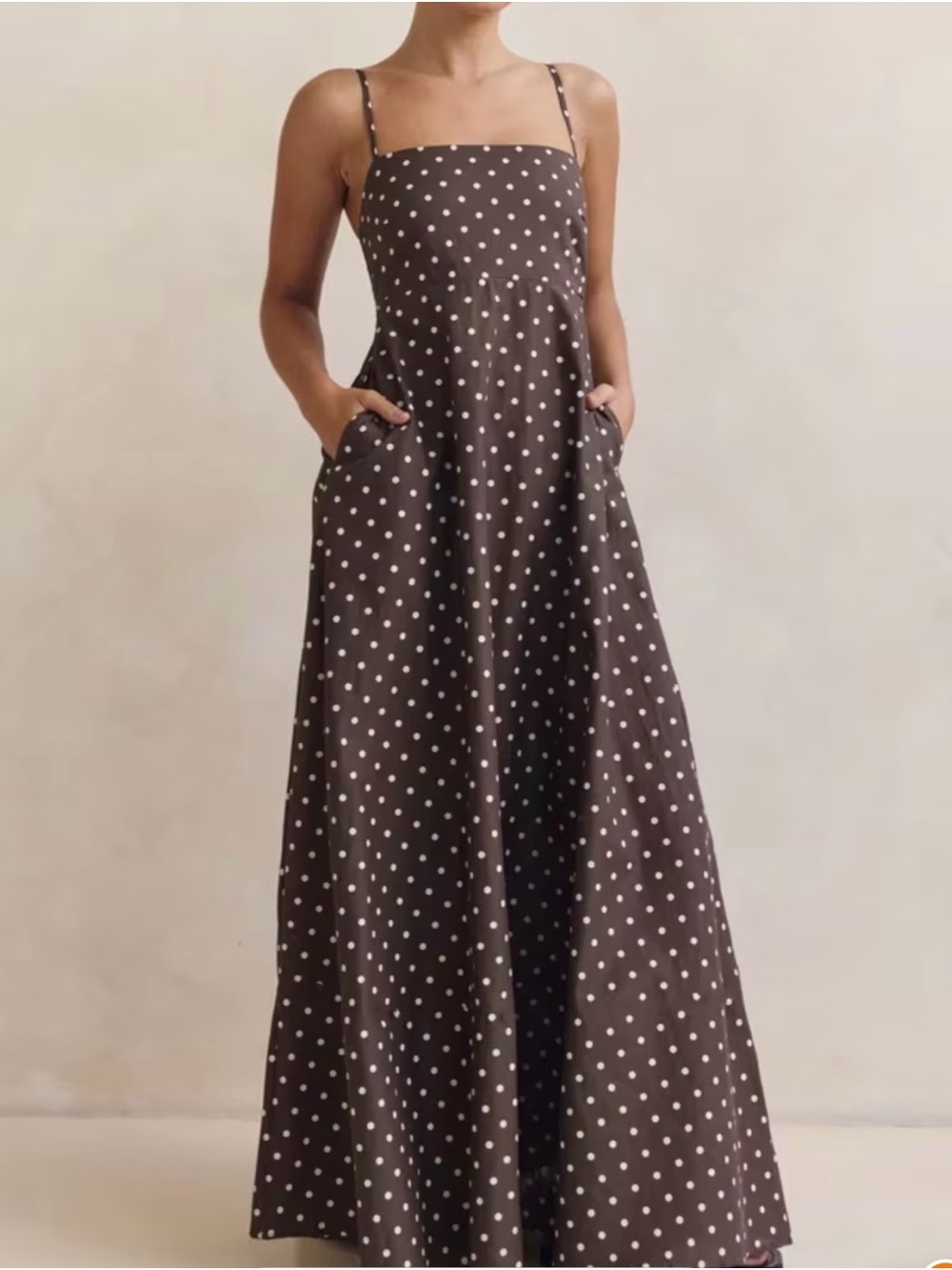 Polka Dot Spaghetti-Strap Maxi Dress in Brown